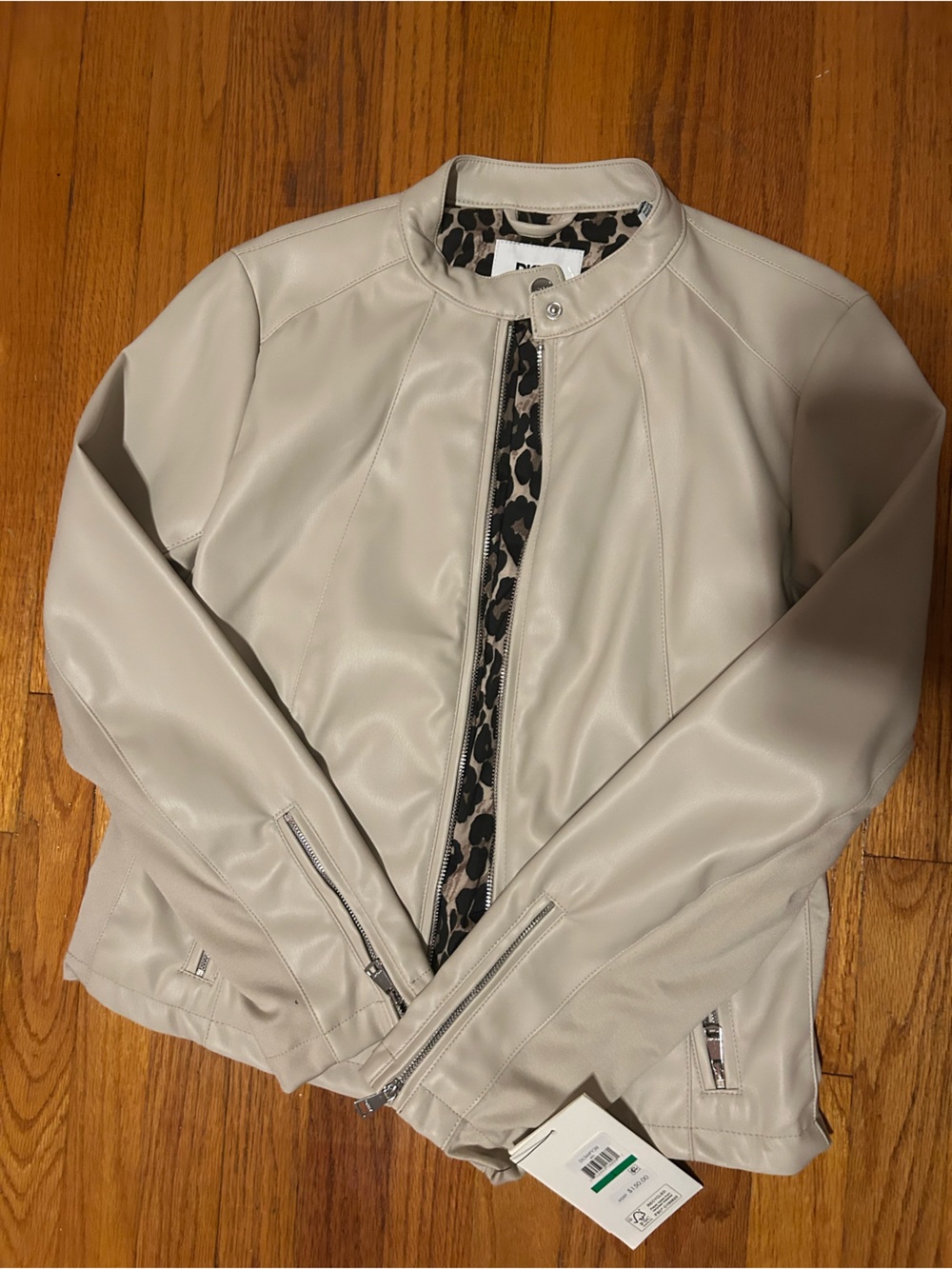 DKNY Cream Vegan Leather Moto Jacket with Leopard Trim
